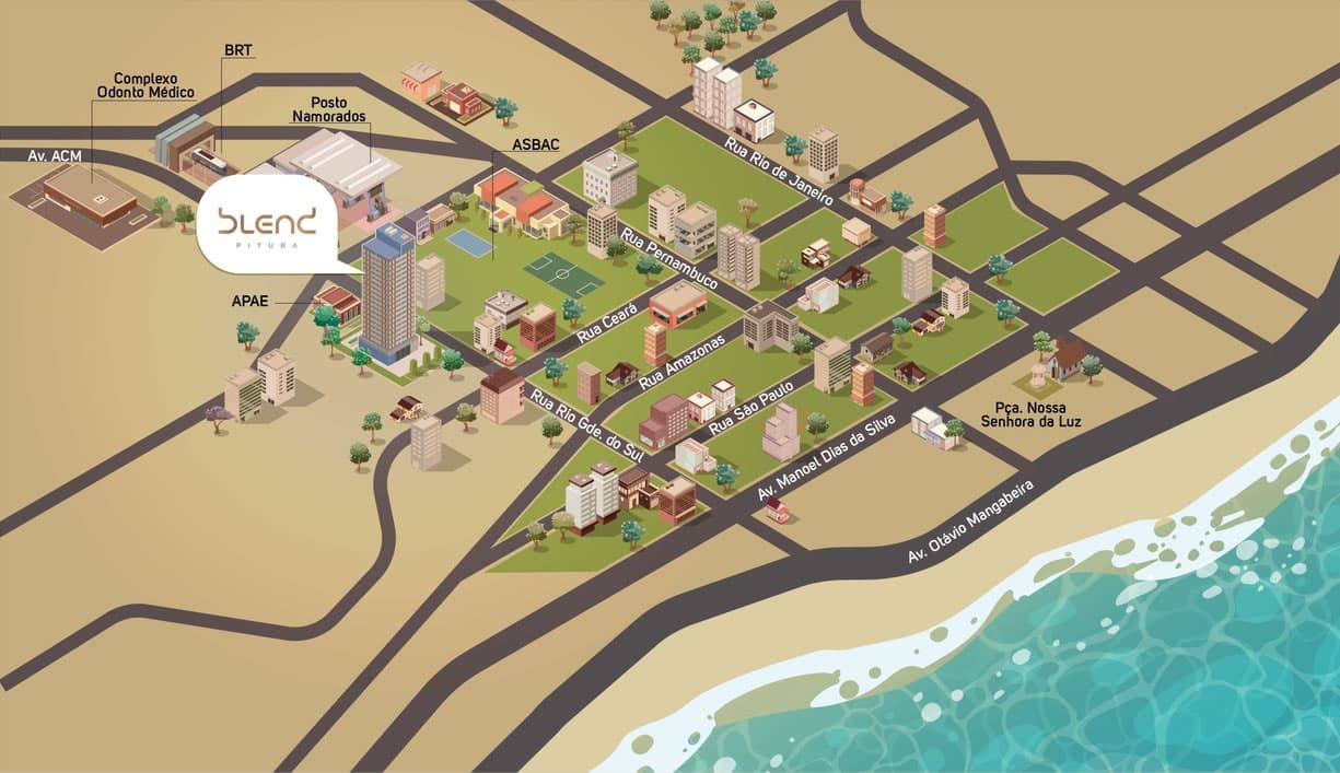 Mapa ilustrativo da localização do Blend Pituba, mostrando pontos de referência como a Avenida ACM, o Complexo Odonto Médico, a APAE e a Praça Nossa Senhora da Luz, além da proximidade com a orla.