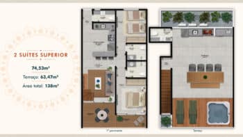 Planta baixa do apartamento superior com 2 suítes, área total de 138m², incluindo terraço com 63,47m² e espaços integrados no Banzai Itacimirim.