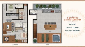 Planta baixa do apartamento superior com 3 quartos, sendo 2 suítes, com área total de 157,07m² e terraço de 72,80m² no Banzai Itacimirim.