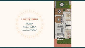 Planta baixa do apartamento térreo com 2 suítes, garden privativo de 18,09m² e área total de 91,75m² no condomínio Banzai Itacimirim.