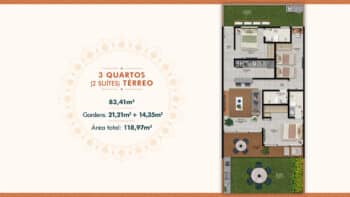 Planta baixa do apartamento térreo com 3 quartos, sendo 2 suítes, área total de 118,97m² e dois gardens privativos no condomínio Banzai Itacimirim.