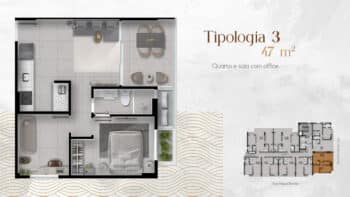 Planta baixa do apartamento Tipologia 3 do ZAI Barra, com 47m², apresentando quarto espaçoso, sala integrada, área de office e varanda confortável.