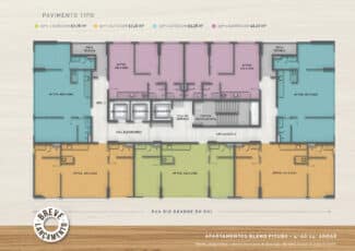 Planta baixa do pavimento tipo do Blend Pituba, mostrando a disposição dos apartamentos com duas suítes e diferentes metragens, bem como áreas comuns e técnicas.