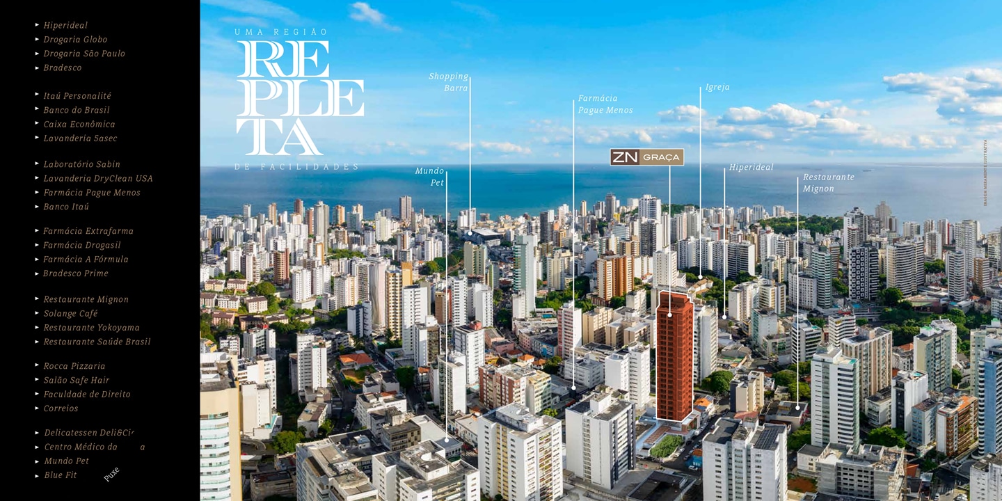 Vista aérea do bairro Graça, em Salvador, destacando a localização do ZN Graça e sua proximidade com pontos de conveniência, como supermercados, farmácias e restaurantes.