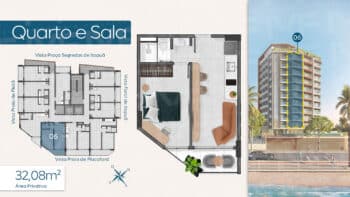 Planta baixa do apartamento quarto e sala de 32,08m² no RIVAGE Piatã, com layout interno, vista para o mar e localização destacada no edifício.