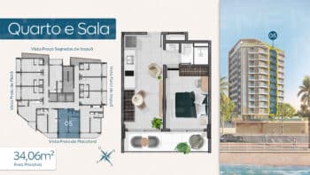 Planta baixa do apartamento quarto e sala de 34,06m² no RIVAGE Piatã, com layout funcional, varanda ampla e localização destacada no edifício.