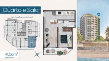 Planta baixa do apartamento quarto e sala de 41,06m² no RIVAGE Piatã, com layout amplo, varanda integrada e localização destacada no edifício.