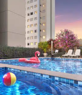 Área de piscina do Jardim Armação Prime, com design moderno, espreguiçadeiras e ambiente perfeito para relaxar ao entardecer em Salvador.