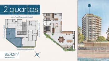 Planta baixa do apartamento de 2 quartos com 85,42m² no RIVAGE Piatã, com sala ampla, varanda gourmet e localização destacada no edifício.