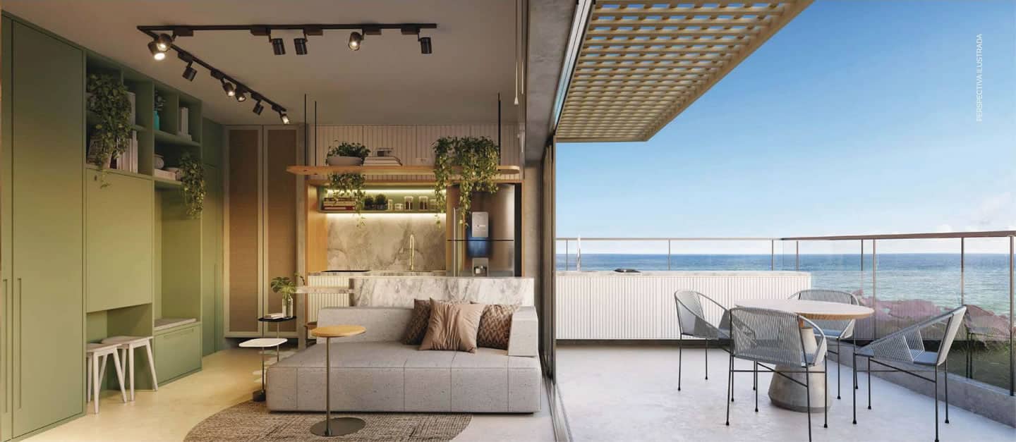 Sala de estar e varanda do Apê Ocean no Terrazza Balena, com decoração sofisticada, área gourmet e spa privativo, e vista deslumbrante para o mar.