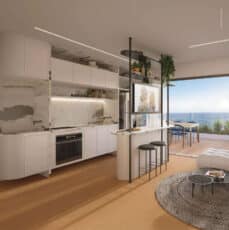 Cozinha integrada ao living do Apê Salt One no Terrazza Balena, com decoração moderna, móveis planejados, e terraço com vista espetacular para o mar.