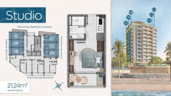 Planta baixa do Studio com 21,24m² no RIVAGE Piatã, com layout compacto e funcional, vista para o mar e localização destacada no edifício.