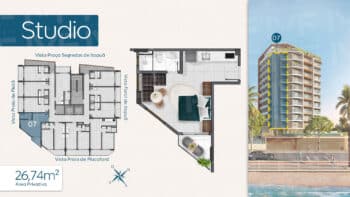 Planta baixa do Studio com 26,74m² no RIVAGE Piatã, com layout funcional, varanda integrada e localização destacada no edifício.