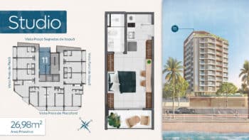 Planta baixa do Studio com 26,98m² no RIVAGE Piatã, apresentando um layout funcional, varanda integrada e localização central no edifício.