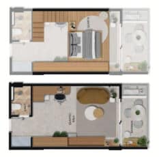 Planta baixa do Apê Horizon Plus, mostrando o layout de um quarto e sala com mezanino, varanda frontal com vista para o mar e banheiro.