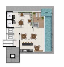 Planta baixa do rooftop do ZN Graça, incluindo piscina, prainha, áreas gourmet interna e externa, deck e plataforma elevatória.