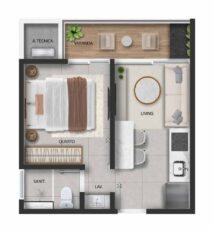 Planta baixa detalhada do apartamento tipo 1 e 2 do ZN Graça, com 30,15 m², incluindo quarto, living, varanda, cozinha, área técnica e sanitário.