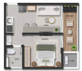 Planta baixa do apartamento tipo 4 do ZN Graça, com 31,20 m², incluindo quarto, living, varanda, cozinha compacta, área técnica e sanitário.