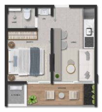 Planta baixa do apartamento tipo 5 do ZN Graça, com 31,20 m², incluindo quarto, living integrado, varanda, cozinha, lavanderia, área técnica e sanitário.