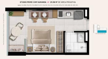 Layout do Studio Prime com varanda de 23,58 m², exibindo quarto, cozinha integrada, banheiro moderno e varanda mobiliada.