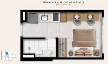 Layout interno do apartamento Studio Prime de 18 m² do Ocean Breeze, apresentando cozinha integrada, espaço para refeições, quarto e banheiro.