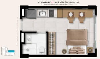 Layout interno do apartamento tipo Studio Prime do Ocean Breeze, com 20,05 m² de área privativa, incluindo cozinha integrada, espaço para refeições, quarto e banheiro.