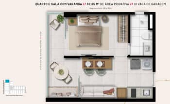 Layout do apartamento tipo Quarto e Sala com Varanda, apresentando uma suíte espaçosa, sala de estar integrada, cozinha funcional e uma ampla varanda com espaço para lazer.