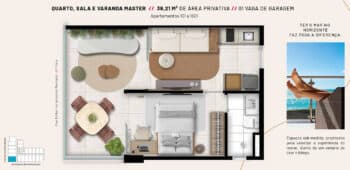 Layout do apartamento Quarto, Sala e Varanda Master com 39,21 m², incluindo quarto espaçoso, sala de estar integrada, cozinha moderna e varanda ampla com espaço para lazer e refeições.