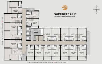 Diagrama dos pavimentos 1º ao 11º do Ocean Breeze, detalhando a disposição das unidades privativas com áreas que variam entre 18 m² e 39,21 m².