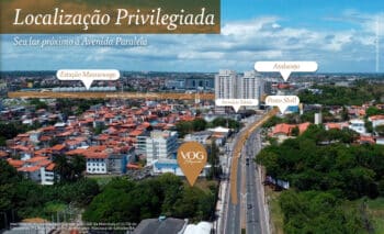 Fotografia aérea da Avenida Dorival Caymmi em Salvador, destacando a localização do Vog Itapuã próximo à Estação Mussurunga, Atakarejo, Farmácia Tokaia e Posto Shell.