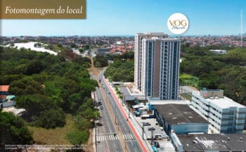 Fotomontagem do empreendimento Vog Itapuã, mostrando as torres do condomínio em destaque, localizado na Avenida Dorival Caymmi, próximo a áreas verdes e ao mar.