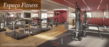 Imagem do espaço fitness no condomínio Vog Itapuã, com equipamentos modernos para musculação, esteiras, bicicletas ergométricas e área para treinos.