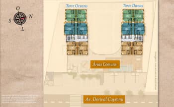 Planta baixa ilustrando a disposição dos apartamentos nas Torres Oceano e Dunas do Vog Itapuã, com identificação das áreas comuns e localização na Av. Dorival Caymmi.