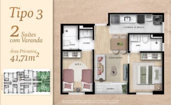 Planta baixa do apartamento Tipo 3 no Vog Itapuã, com 2 suítes, varanda integrada, sala de estar/jantar, cozinha com área de serviço, lavabo e área privativa de 41,71m².