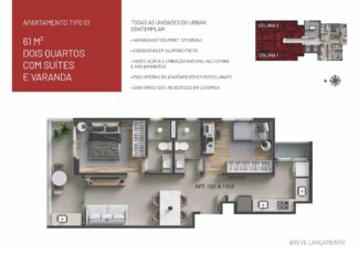 Planta baixa do apartamento tipo 01 no URBAN HOME Pituba, destacando seus 61 m², dois quartos com suítes e varanda.