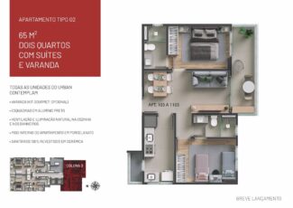 Planta baixa do apartamento tipo 02 no URBAN HOME Pituba com 65 m², dois quartos suítes e varanda.