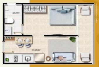 Planta baixa de um apartamento compacto com 1 quarto, sala, banheiro e varanda, totalizando 27,05 m².