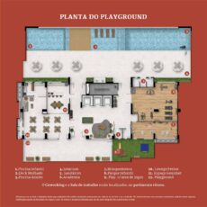 Planta baixa do playground no Residencial Viena, detalhando áreas como piscina infantil e adulto, academia, brinquedoteca, playground e espaço gourmet.