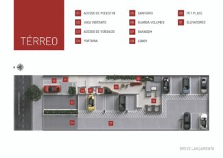 Planta baixa ilustrativa do térreo do URBAN HOME Pituba, mostrando acesso de pedestres, veículos, garagem e mais.