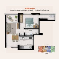 Planta baixa do apartamento Coluna 6 no Residencial Viena, com quarto, sala, lavabo, varanda, cozinha, área de serviço e 42,43 m² privativos.