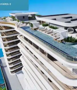 Imagem do rooftop do Bridge Porto da Barra, com piscina de borda infinita, espreguiçadeiras e área de convivência, oferecendo vista panorâmica para o oceano.