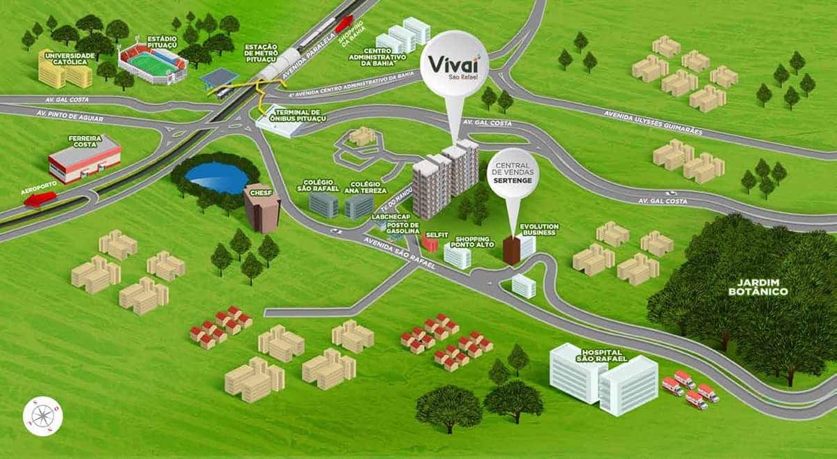 Mapa ilustrado mostrando a localização do empreendimento Vivai São Rafael em Salvador, com destaque para vias de acesso, escolas, hospitais e centros comerciais próximos.