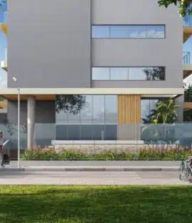 Fachada do empreendimento House Ondina Side, em Ondina, Salvador. Destaque para a entrada elegante, paisagismo e detalhes contemporâneos.