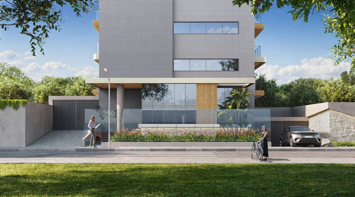 Fachada do empreendimento House Ondina Side, em Ondina, Salvador. Destaque para a entrada elegante, paisagismo e detalhes contemporâneos.