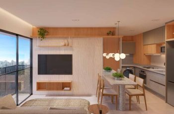 Perspectiva do apartamento de 2 quartos do Vivai São Rafael em Salvador, com sala integrada à cozinha, varanda ampla e design moderno.