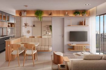 Perspectiva do apartamento de 2 suítes do Vivai São Rafael em Salvador, com sala integrada, varanda ampla, cozinha planejada e decoração moderna.