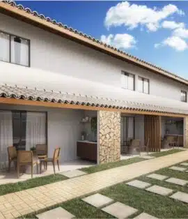 Imagem das varandas privativas do Villa Rica - Casa de Temporada, com área de convivência, bancada gourmet e estacionamento integrado ao paisagismo.