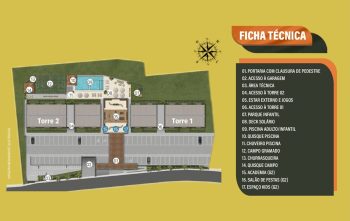 Planta baixa ilustrativa do Vivai São Rafael, mostrando as torres, piscina adulto e infantil, academia, salão de festas, espaço kids, campo gramado, churrasqueira e áreas de lazer.