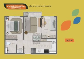 Planta baixa do apartamento de 2 quartos com varanda no Vivai São Rafael, com suíte, quarto, sala de estar/jantar, cozinha, lavabo e área de serviço.