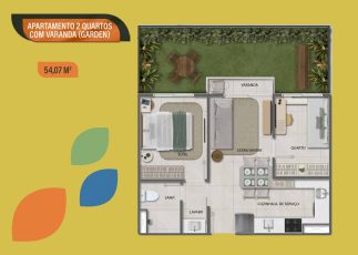 Planta baixa do apartamento de 2 quartos com varanda garden no Vivai São Rafael, com suíte, quarto, sala de estar/jantar, cozinha, lavabo e área de serviço.